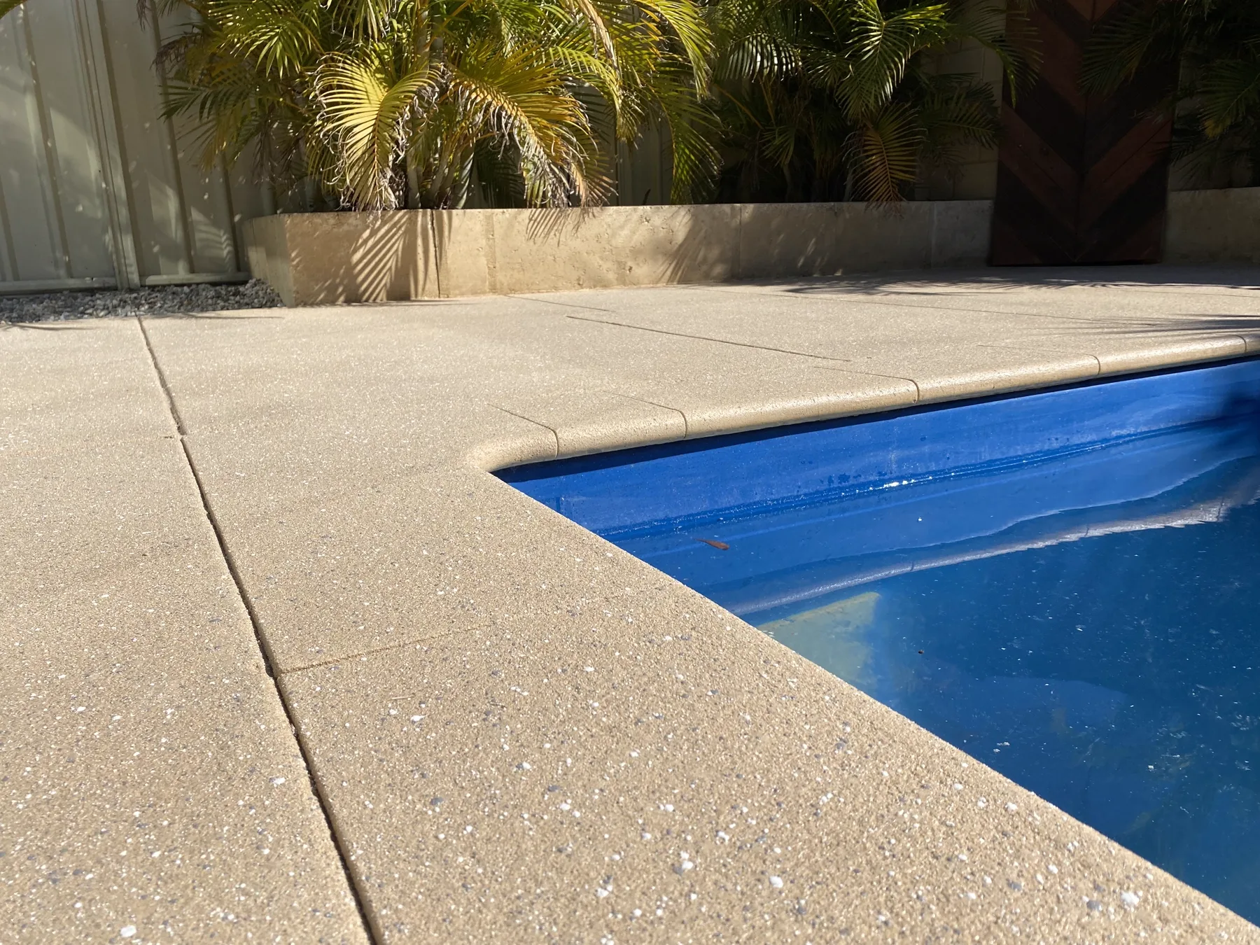 Sand-toned exposed aggregate style spray finish around a swimming pool with a rolled bullnose edge