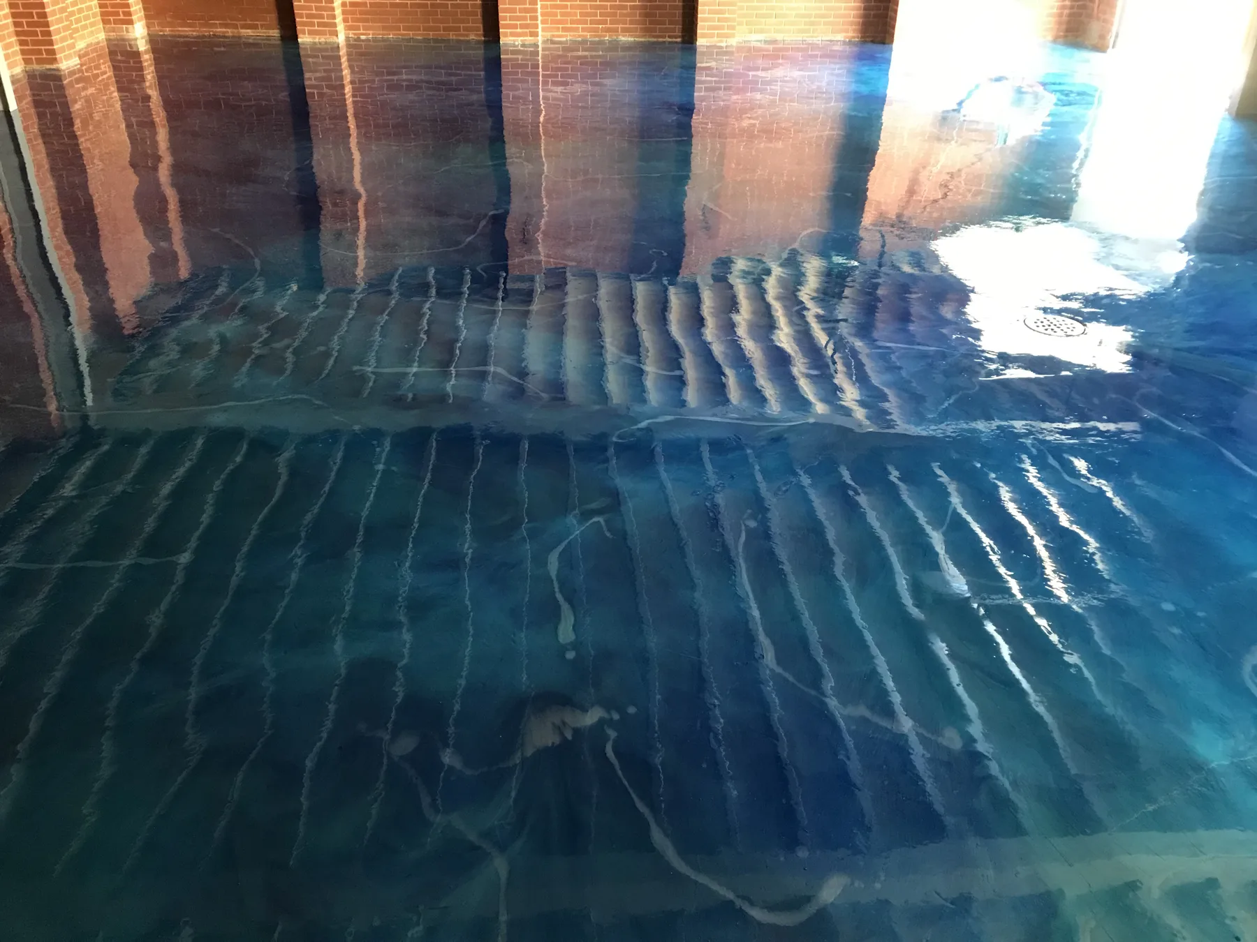 Blue metallic epoxy floor in a residential room reflecting the doorway and daylight